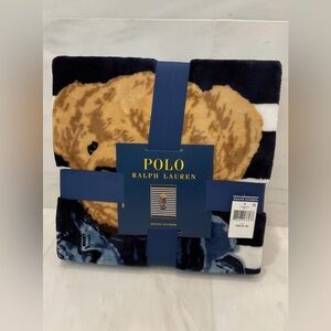 NWT POLO Ralph Lauren Navy White STRIPED RL DENIM BEAR 50” X 70” Fleece Blanket